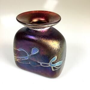 Robert Held Studio Signed Art Glass Vase Purple Swirl Iridescent w/Tag 3” High